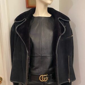 Moto Style Suede Jacket black leather trimming Faux Shearling Lined